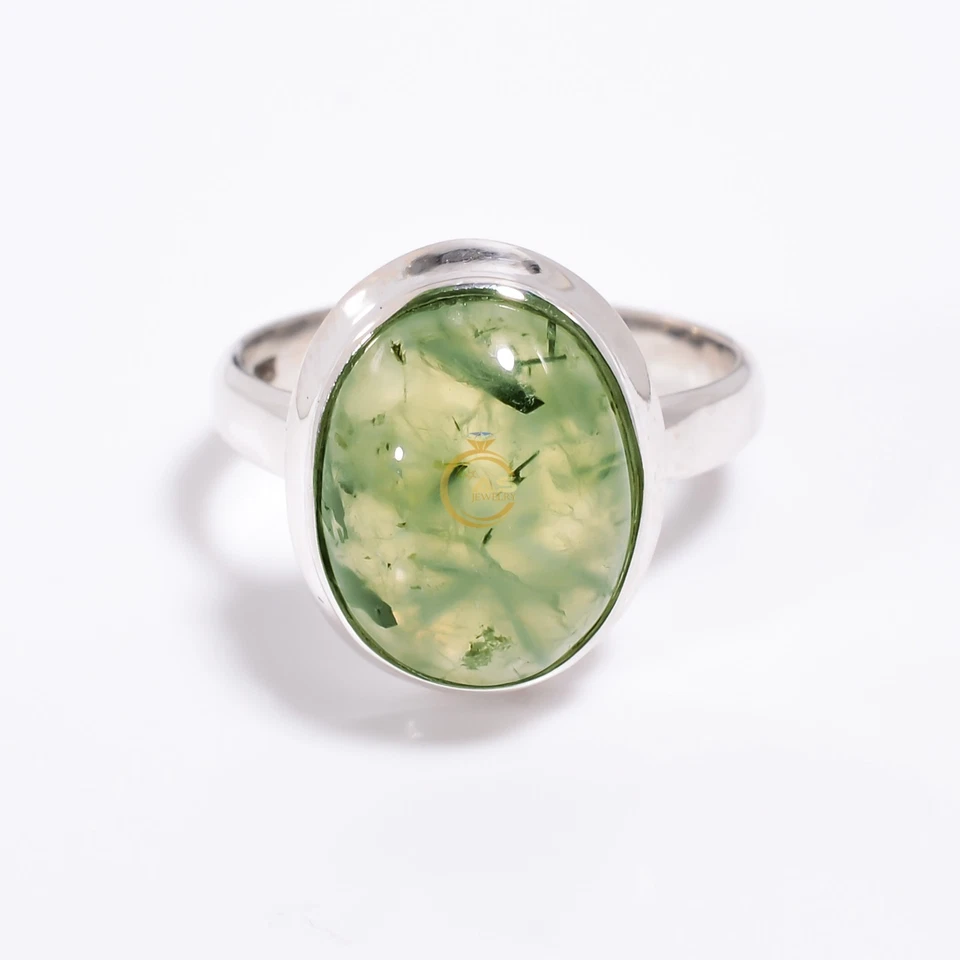 Anillo de piedras preciosas de prehnita verde natural plata de ley 925 anillos boho hechos a mano Foto 3 de 4
