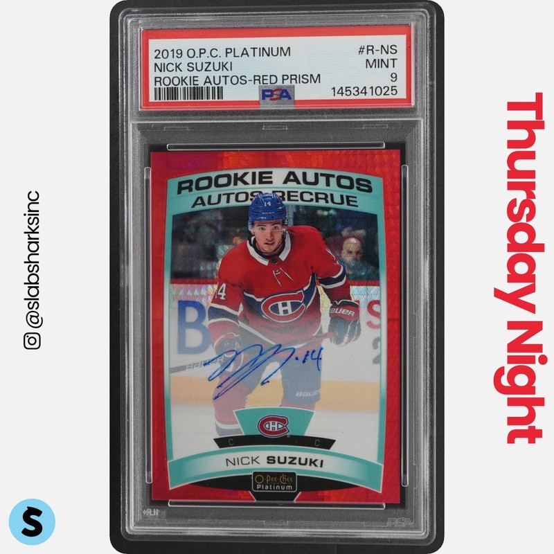 2019 O-PEE-CHEE PLATINUM #R-NS NICK SUZUKI ROOKIE AUTO RED PRISM RC /50 PSA 9