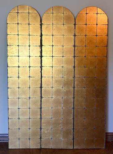Vintage 1960s Gilded 3 Panel Folding Screen Room Divider Hollywood Regency MCM