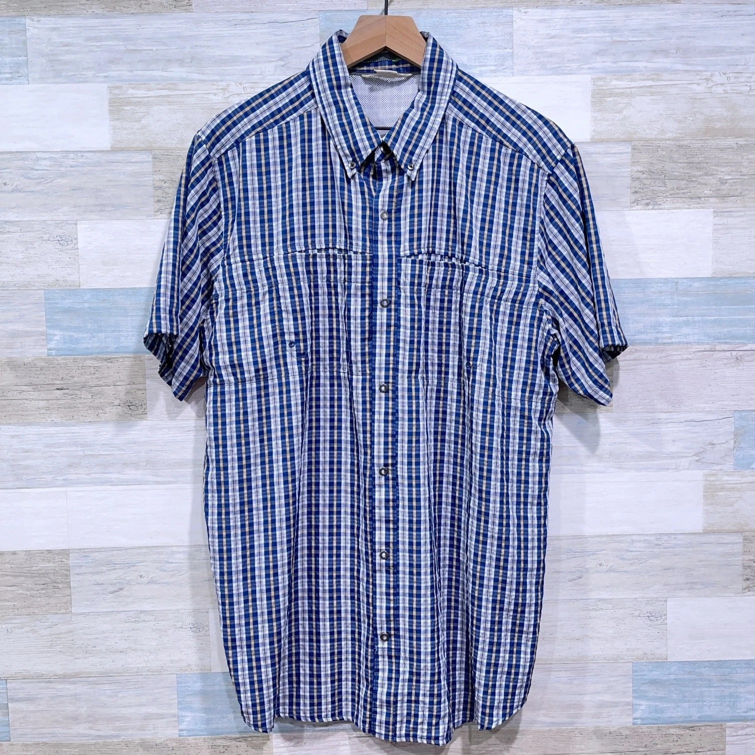 ExOfficio Short Sleeve Ventilated Hiking Shirt Blue Plaid Snap Button Mens XL