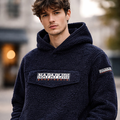 Napapijri Fleece Sherpa Hoodie Patch Curly - Black Unisex Original NP0A4FPC0411