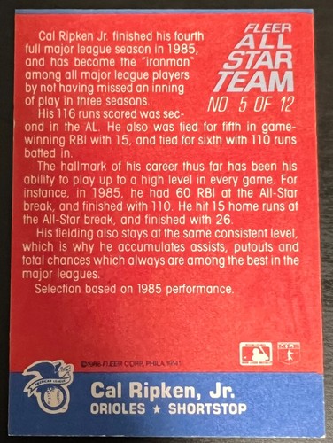 1986 Fleer All Star Team Cal Ripken Jr 5 ( Pick From List ) Orioles - Picture 13 of 13