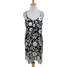 Ann Taylor Dress Womens S Small Black White Floral Satin Adjust Straps Sleep