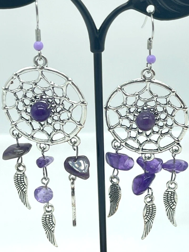 Earrings Silver Tone Dream Catchers w/Purple Amethyst Chips & Silver Feathers - Image 2 of 4