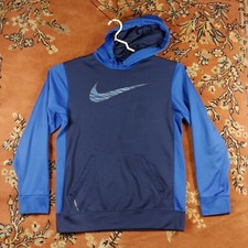 NIKE Men Small Blue Gray Athletic Dri Fit Hoodie Sweatshirt Swoosh Pullover Logo