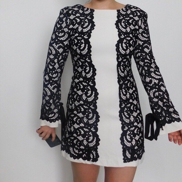 ALEXIS Women's black white lace panel bell sleeve mini dress M