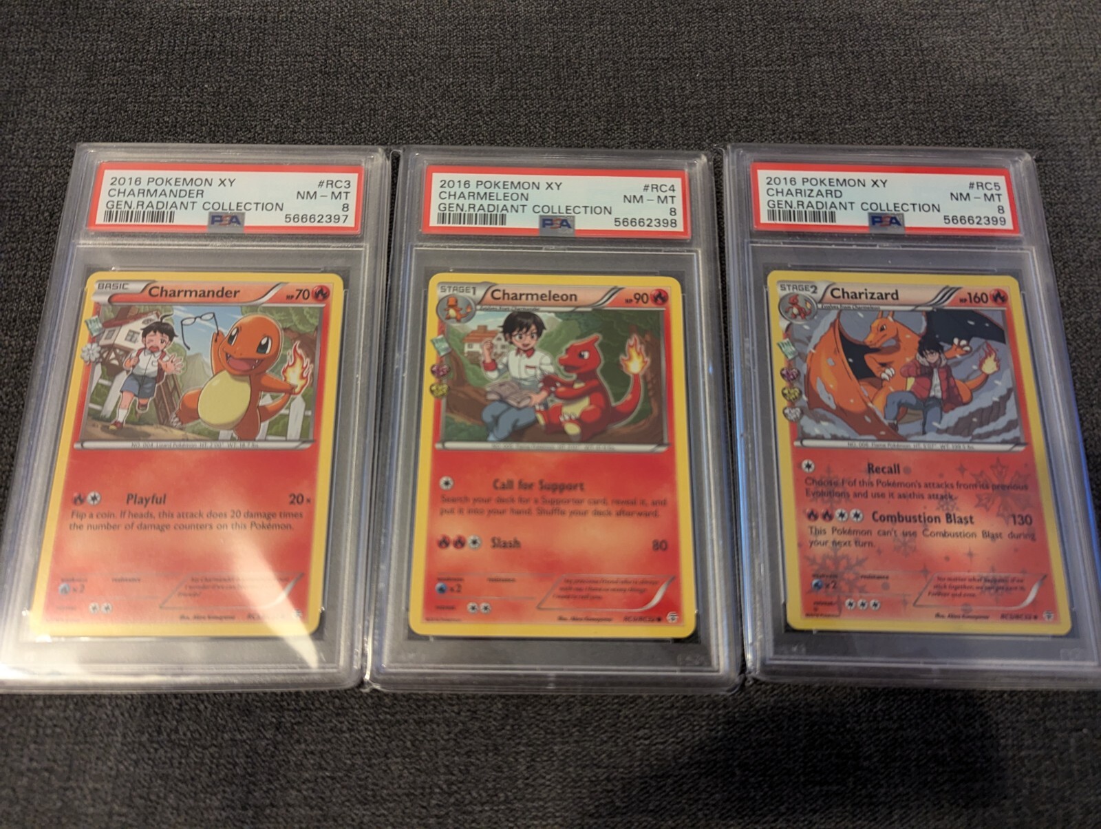 Certificados secuenciales Charmander, Charmeleon & Charizard PSA 8 Radiant Collection