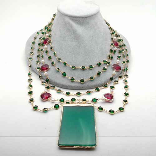 5 Strands 18'' White Pearl Green Crystal Chain Necklace Green Agate Pendant - Picture 6 of 7