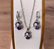 Jewlery Set with Dolphin Unique Gift to Mom Round Amethyst 925 Sterling Silver