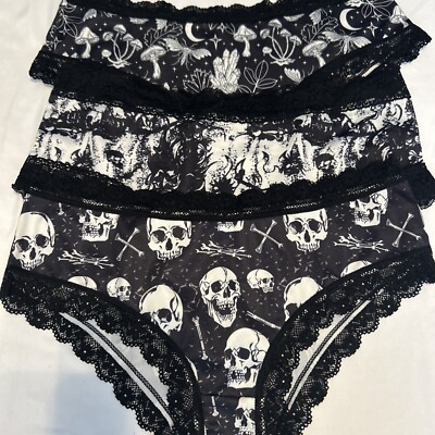 Morvia 3pk lace trim goth Emo panties M skulls stars Moons & Skulls Lingerie  | eBay