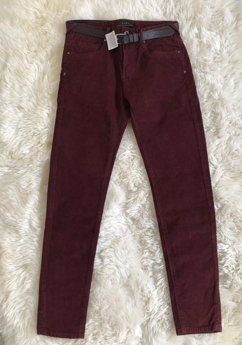 New Zara Mens Corduroy Maroon Red Slim Pants With Black Belt Sz 30 | eBay