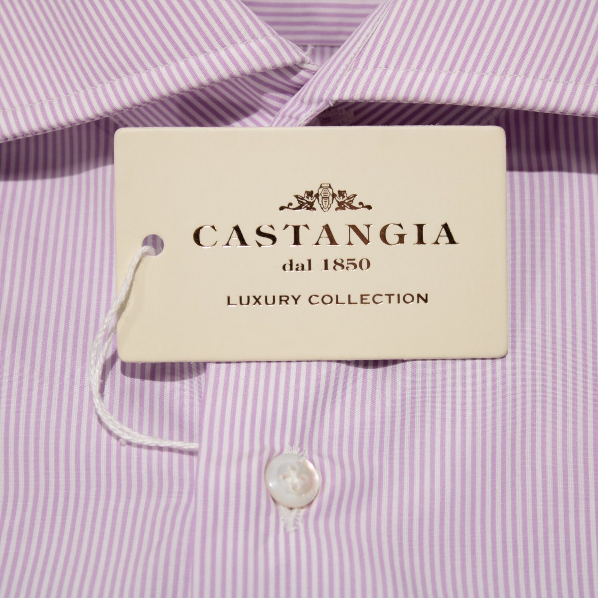 Chemise Habillée Homme Castangia - Taille 17, Manches Longues, Col Français, Rayures Violettes Sur Fond Blanc - Neuf Avec étiquette