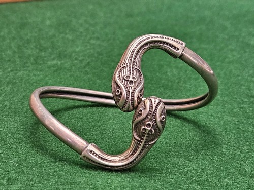 Early 1900s Vintage Mythical Snake Head Bangle Cuff Bracelet Sterling Silver 925 - Picture 4 of 18