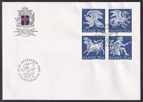 ICELAND 1990 Guardian Spirits 21k block of 4 bklt pane First Day Cover (CV £13+)