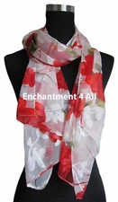 New Stunning 100% Pure Silk Floral Sheer Scarf Shawl Wrap, White/Red