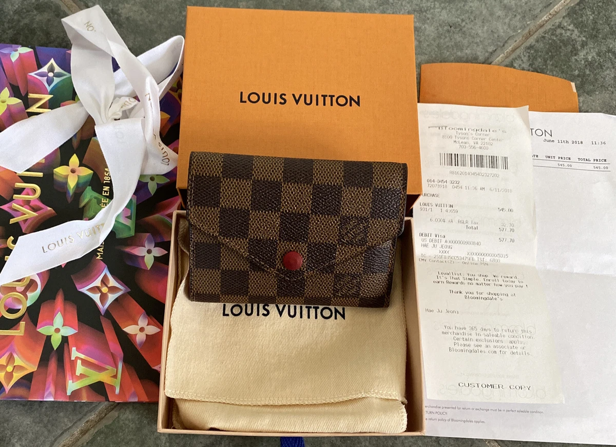 Authentic Louis Vuitton Victorine Wallet Damier Ebene RedSD1198 Receipt 