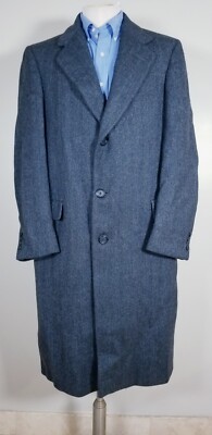 40L Vintage Hart Schaffner Marx wool Blue Gray Herringbone Tweed Top Polo Coat
