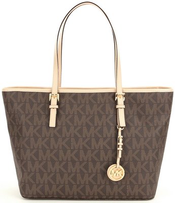NWT MICHAEL KORS Jet Set Signature Large Zip-top Travel Tote 38F6GTVT3B Brown 