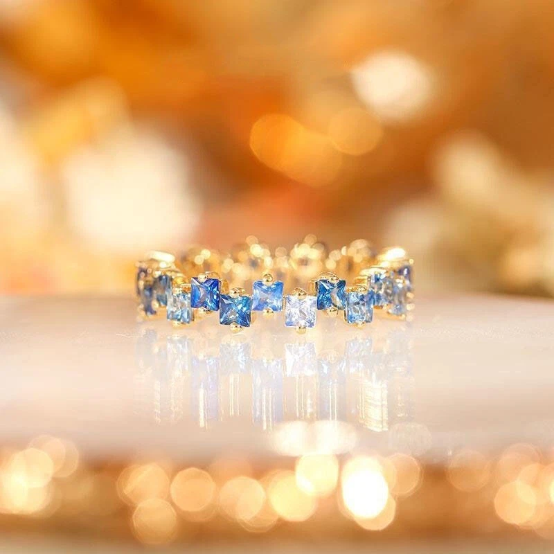 Dainty Sapphire Aquamarine White Princess Eternity Wedding Diamond Ring 18K Gold - Image 2 of 4
