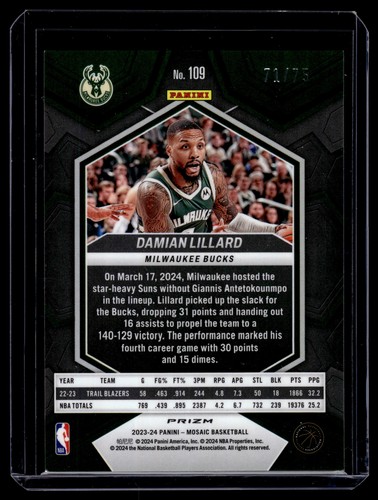 2023 Panini Mosaic Damian Lillard #109 Green Mosaic /75 - Picture 2 of 2