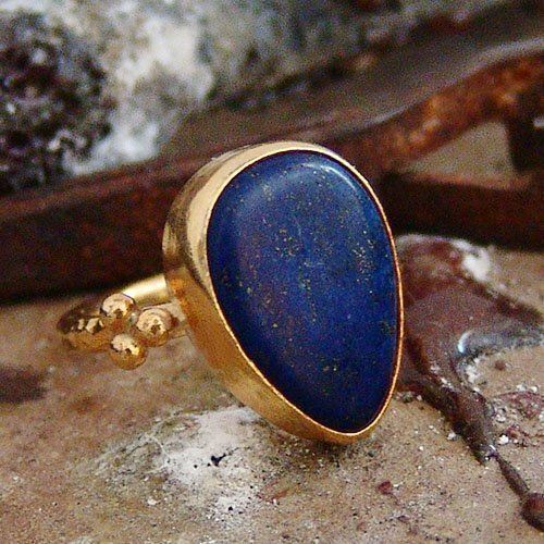 FREE SIZE Omer 925 Silver Handcrafted Turkish Lapis Gold Ring Artisan Jewelry - Picture 1 of 4