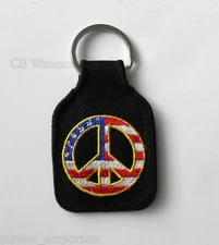 PATRIOTIC USA FLAG PEACE SIGN ANTI WAR EMBROIDERED KEY RING 2.75 X 3.75 2 SIDED