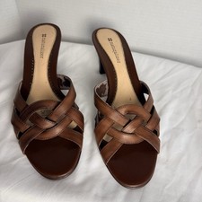 Naturalizer Brown Leather Slide Mule Heels Woven Strappy Open Toe Size 9M