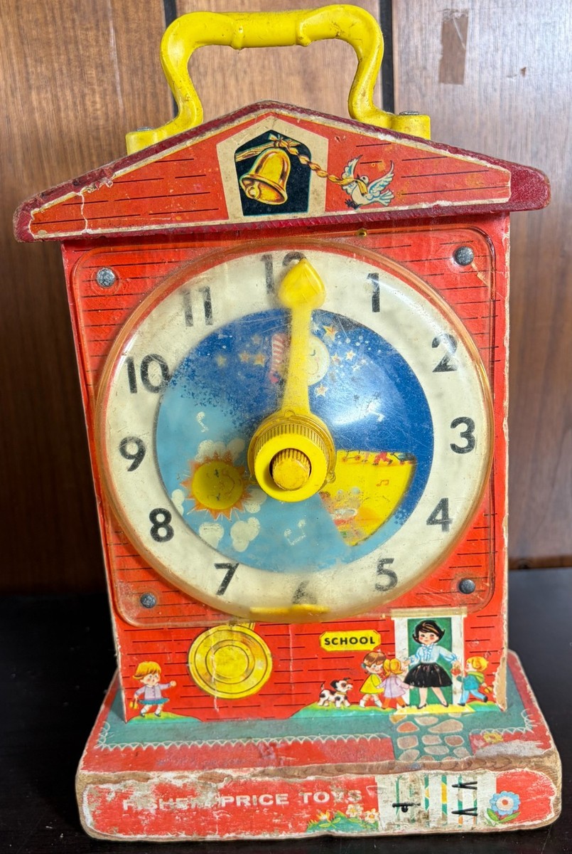 Vintage Fisher-Price Music Box Teaching Clock #998 1960s Wooden