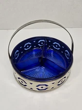 Vintage Cobalt Blue Glass 3 Part Nut Dish Relish Tray in Metal Handled Liner