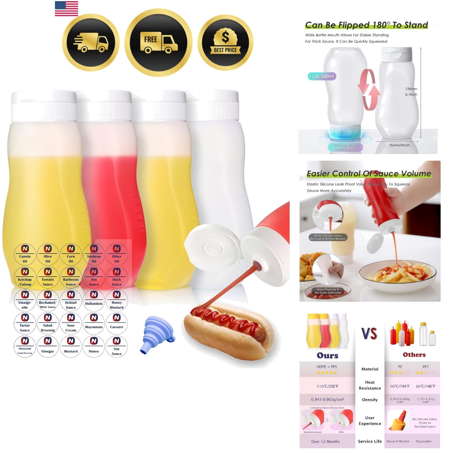 Botellas exprimidoras de condimentos para aceite de líquidos de salsa caliente de ketchup con tapas para con...