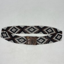Y2K Belt Womens L/XL Beaded Wooden Floral Buckle Boho Hippie Hawaiian Stretch