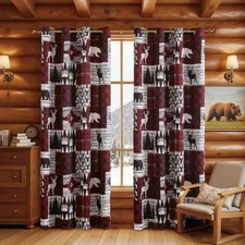Red Christmas Rustic Cabin Curtains 2 Panels Country Style Curtain 50% Light ...