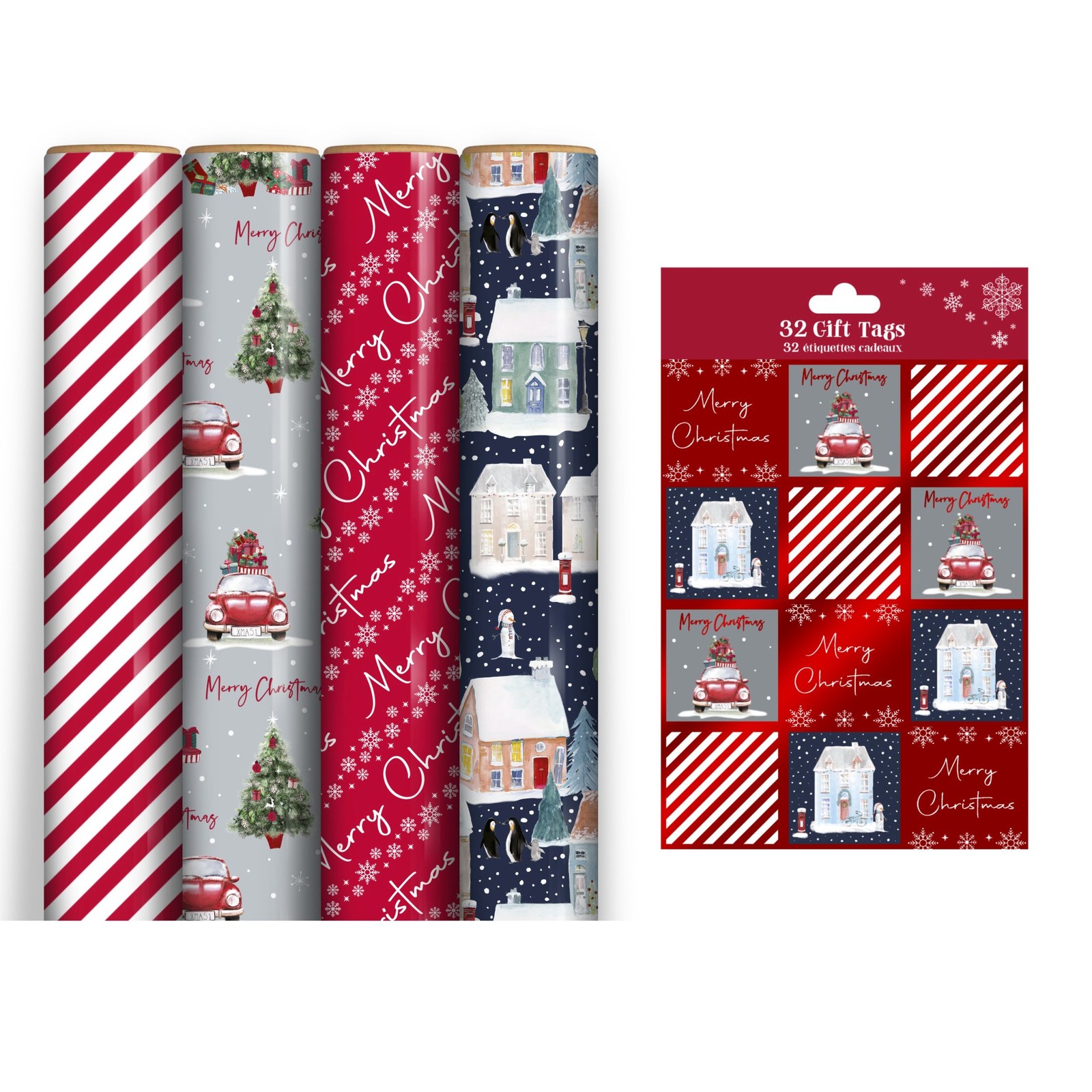4 Rolls Christmas Wrapping Paper 7M Contemporary Gift Wrap & 32 Matching Tags