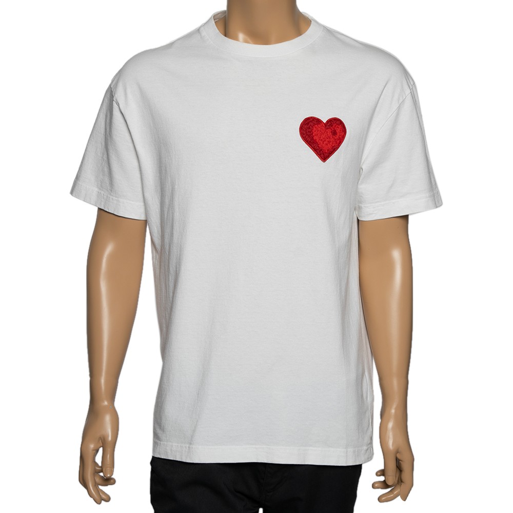 Palm Angels White Cotton Heart Embroidered Crew Neck T-Shirt