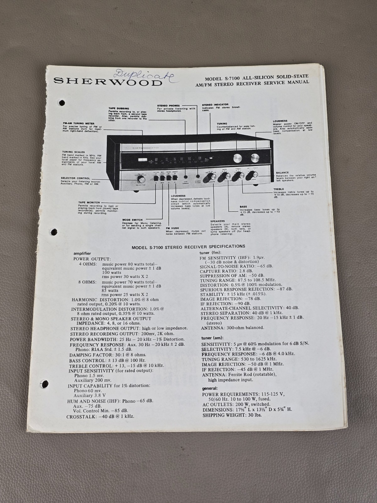 Sherwood Model S-7100 Stereo Receiver Service Manual D-2423