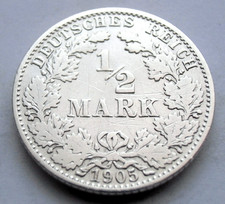 (741) RARE GERMANY EMPIRE 1/2 MARK SILVER COIN 1905 E  -  0.900 SILVER