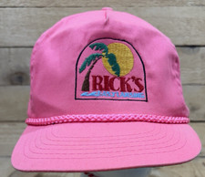 Vintage 80s Rick's Hot Pink Neon Rope Hat Snapback Cap Tropical Sun Palm Tree