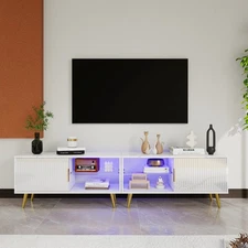 White LED TV Stand-Wooden Cabinet w/Doors,Open Shelves & Storage For Living Room