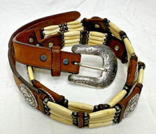 Vintage TONY LAMA 7159L Native Bone Bead Leather Silver Concho Western Belt 42