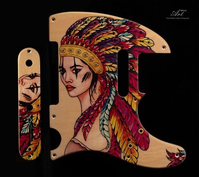 Colorful Telecaster Pickguard Pretty Woman with Feather Hat SET  Wood & Crystals