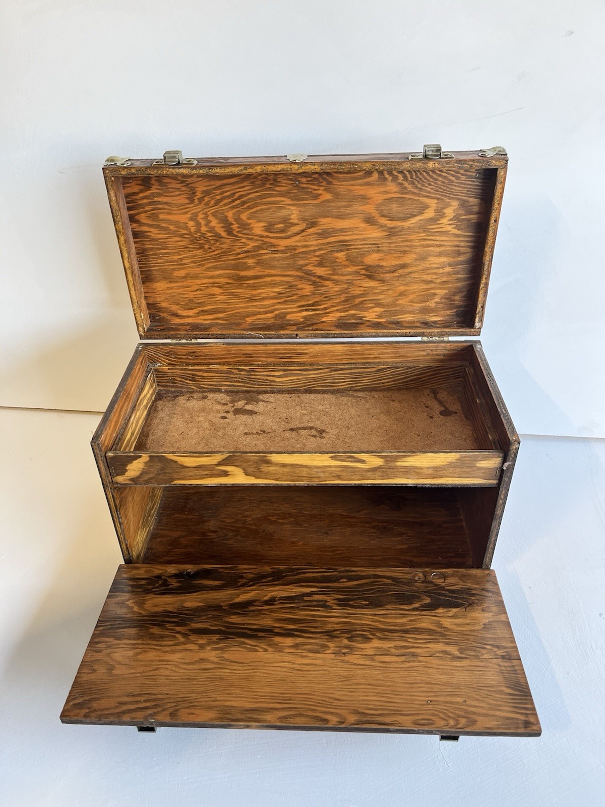 Vintage Oak Wooden Tool Chest Drop Front Storage Box Metal Corners Tray Handles