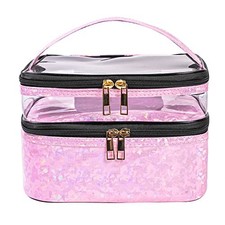 FITINI Makeup Bags Double Layer Travel Storage Cosmetic Light Pink Holographic