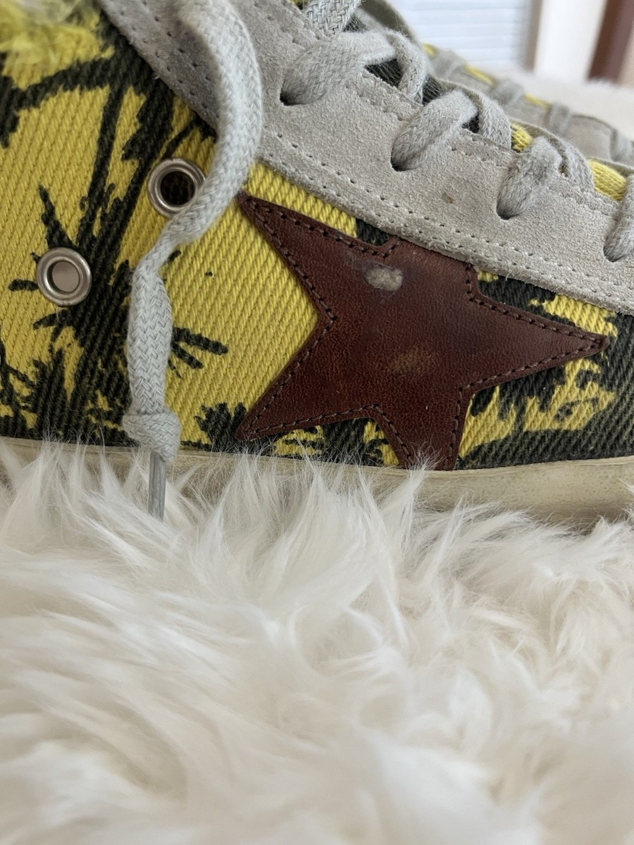 Golden Goose Francy Yellow Palm PrintCanvas High Top Sneakers