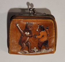 Vintage Leather Coin Purse Kiss Lock w/ Painted Bears