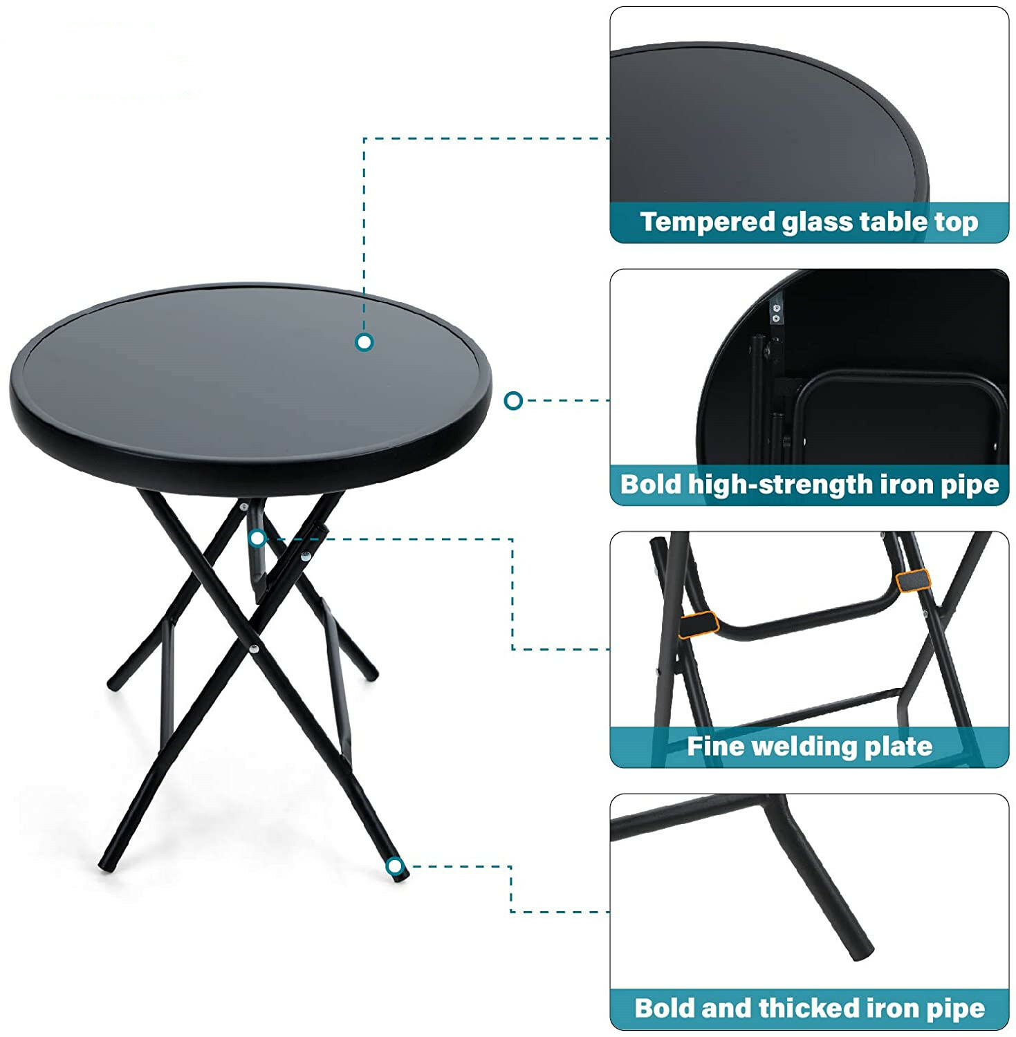 Outdoor Side Table Patio Portable Folding End Table Sofa Side Table Glass Top - Picture 2 of 39