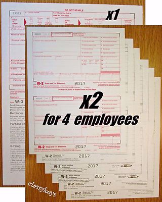 2017 IRS Tax Forms W-2 Wage Stmts LASER 4 employees +(1)W3 #TF5650 6-pt NO Env