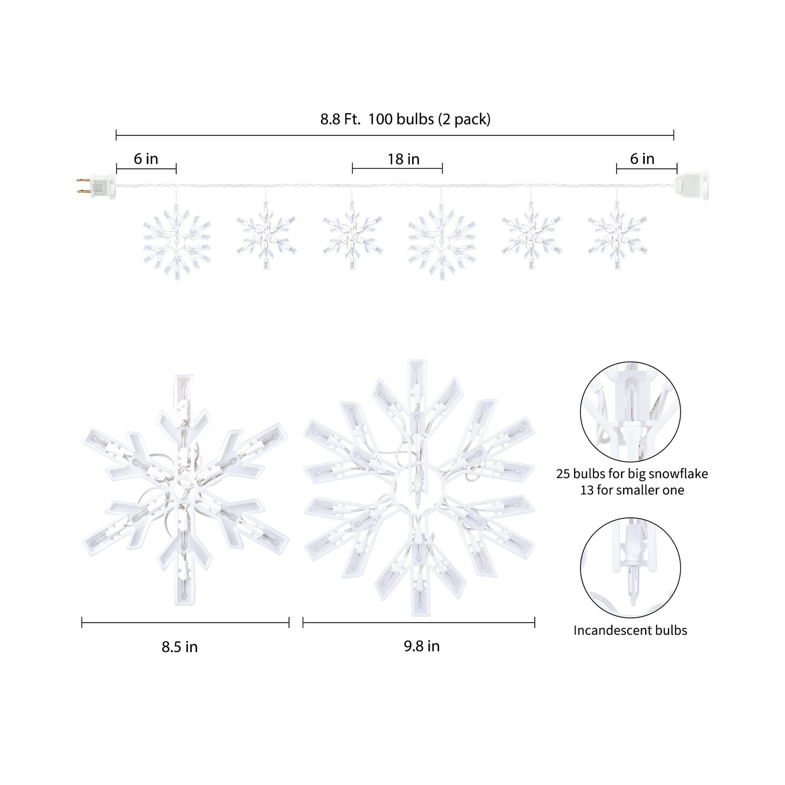 Snowflake Christmas String Lights - 2 Pack 6 Drops 8.8 Ft. 100 Mini ...