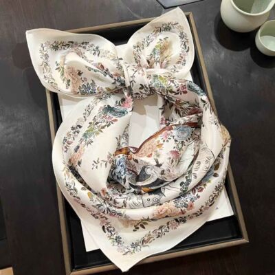 100% Mulberry Silk 27'' Square Scarf Women Neckerchief Bandana White Flower Birds