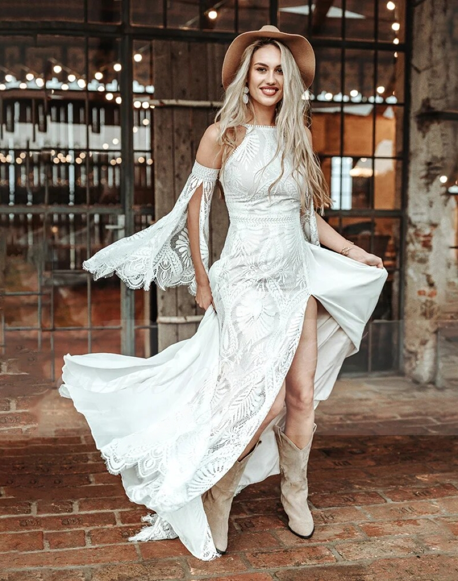 Long sleeves Batwing Wedding dress,Bohemian white wedding gown,boho Bridal  dress | eBay
