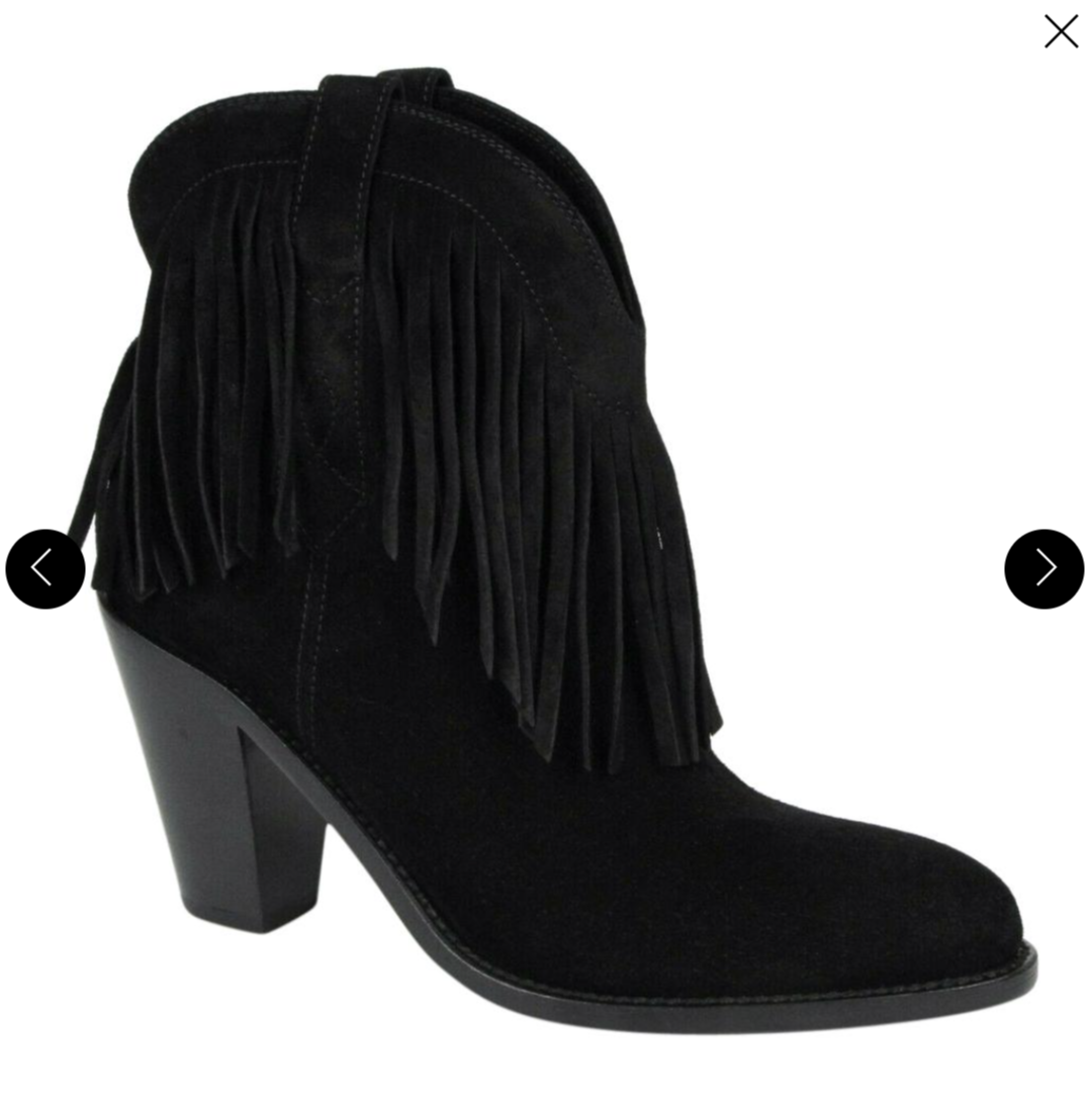 Stivaletti con tacco e frange scamosciati neri Saint Laurent nuovi con etichette US 6 5 YSL $485